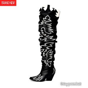Women's Thigh High Cowboy Boots Chunky Heel Faux Leather Knee High